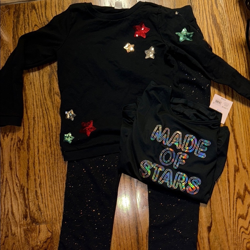 Stars and sparkles black sweatshirt, sweatpants and long sleeved top size 10/12